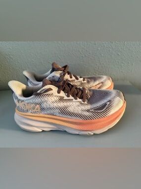 Hoka One One Clifton 9 Gtx Running Shoes in White, Brown & Coral